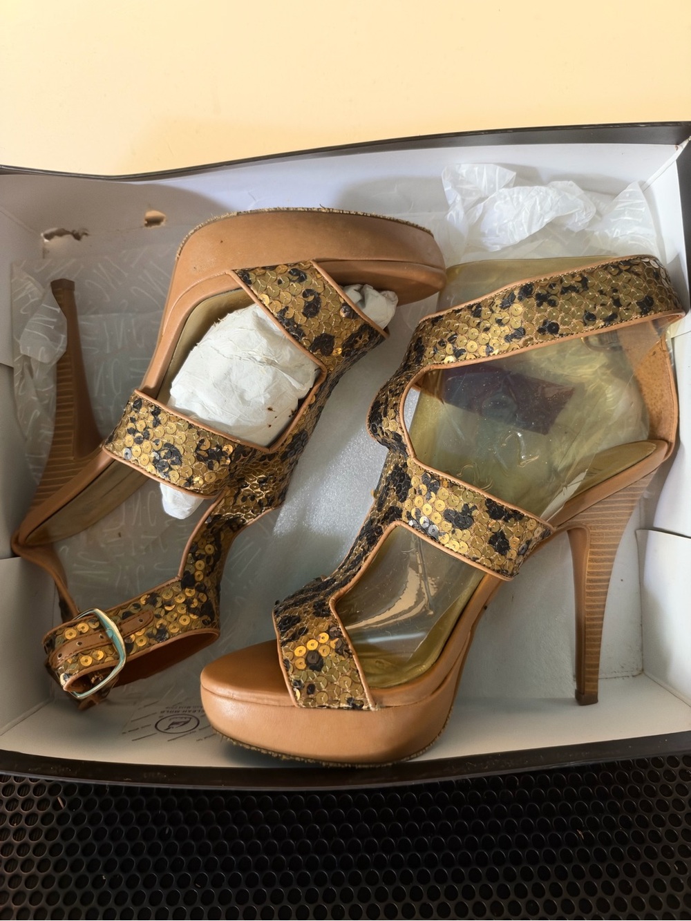 INC International Concepts Gold and Tan Sequin Platform Heels